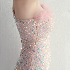 Ostrich Feather One-Shoulder Sequined Maxi Dress