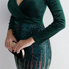 Sequined V-Neck Long-Sleeve Fishtail Dress