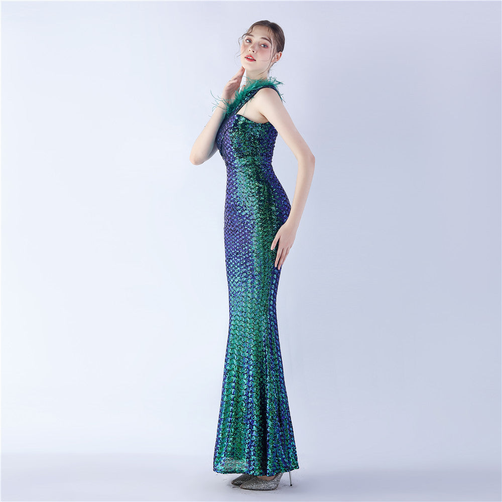 Asymmetric One-Shoulder Sequined Maxi Dress