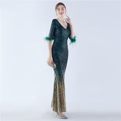 Ostrich Feather Sequin Maxi Dress