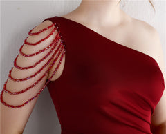 Beaded One-Shoulder Fishtail Maxi Dress