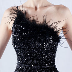 One-Shoulder Sequin Feather Maxi Dress