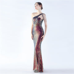 Sequin Beaded One-Shoulder Maxi Dress