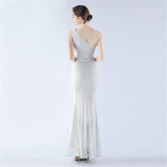 One-Shoulder Ombre Sequin Feather Dress
