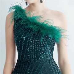One-Shoulder Sequin Feather Maxi Dress