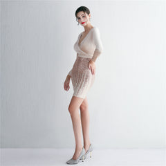 Sequined V-Neck Long-Sleeve Fishtail Dress