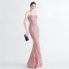 Sequin Boned Strapless Split Maxi Dress