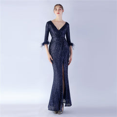 Ostrich Feather Sequined Maxi Dress