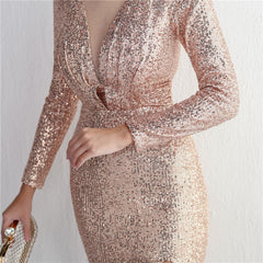 Sequined Long-Sleeve Fishtail Maxi Dress
