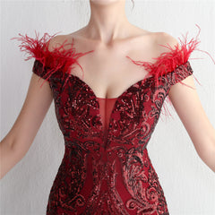 Off-Shoulder Sequined Feather Maxi Dress