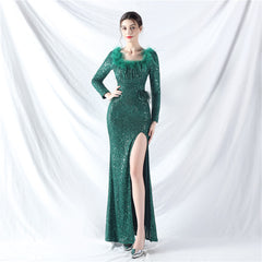 Ostrich Feather Sequin Split Maxi Dress
