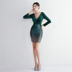 Sequined V-Neck Long-Sleeve Fishtail Dress