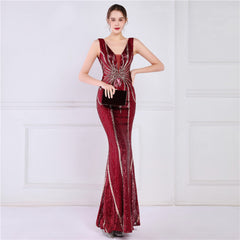 Sequined V-Neck Fishtail Maxi Dress