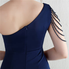 Beaded One-Shoulder Fishtail Maxi Dress