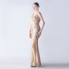 Ostrich Feather Beaded Maxi Dress