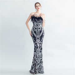 Ostrich Feather Strapless Maxi Dress