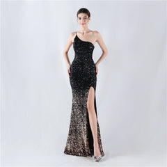 One-Shoulder Gradient Sequined Maxi Dress