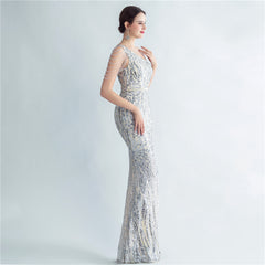 Sequined One-Shoulder Fishtail Maxi Dress