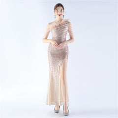 One-Shoulder Ombre Sequin Feather Dress