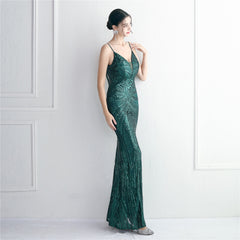 V-Neck Sequined Beaded Maxi Dress