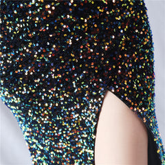 One-Shoulder Beaded Sequin Split Maxi Dress