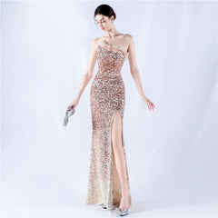 One-Shoulder Sequin Feather Maxi Dress