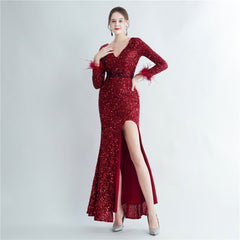 Sequined Feather Cuff Fishtail Maxi Dress