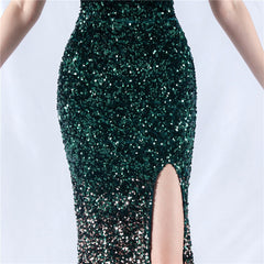 One-Shoulder Sequined Feather Maxi Dress