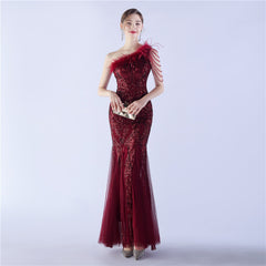 Beaded Sequined Ostrich Feather Maxi Dress