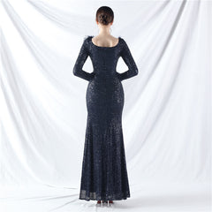 Ostrich Feather Sequin Split Maxi Dress