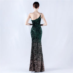 One-Shoulder Sequin Feather Maxi Dress