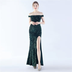 Off-Shoulder Sequin Split Maxi Dress