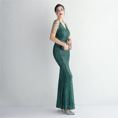 Sequined Fringe Fishtail Maxi Dress