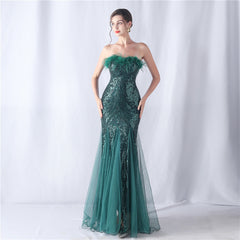 Sequined Feathered Fishtail Maxi Dress
