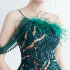 One-Shoulder Ostrich Feather Beaded Maxi Dress