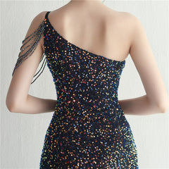 One-Shoulder Sequined Split Maxi Dress