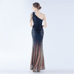 One-Shoulder Ombre Sequin Feather Dress