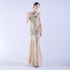 Beaded Sequined Ostrich Feather Maxi Dress