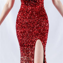 One-Shoulder Sequin Feather Maxi Dress