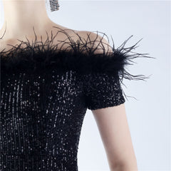 Off-Shoulder Ostrich Feather Sequin Maxi Dress