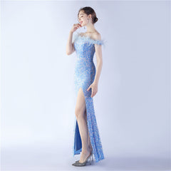 Off-Shoulder Sequin Feather Maxi Dress