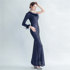 Ostrich Feather One-Shoulder Maxi Dress