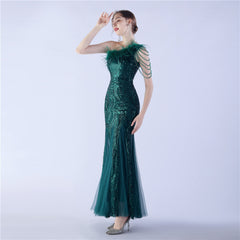 Beaded Sequined Ostrich Feather Maxi Dress