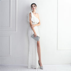 Sequined One-Shoulder Fishtail Maxi Dress