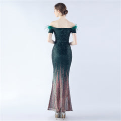 Off-Shoulder Ostrich Feather Sequin Maxi Dress