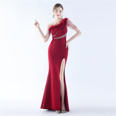 One-Shoulder Rhinestone Diagonal Collar Maxi Dress