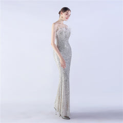 Ostrich Feather Strapless Maxi Dress