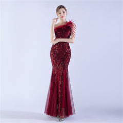 Beaded Sequined Ostrich Feather Maxi Dress