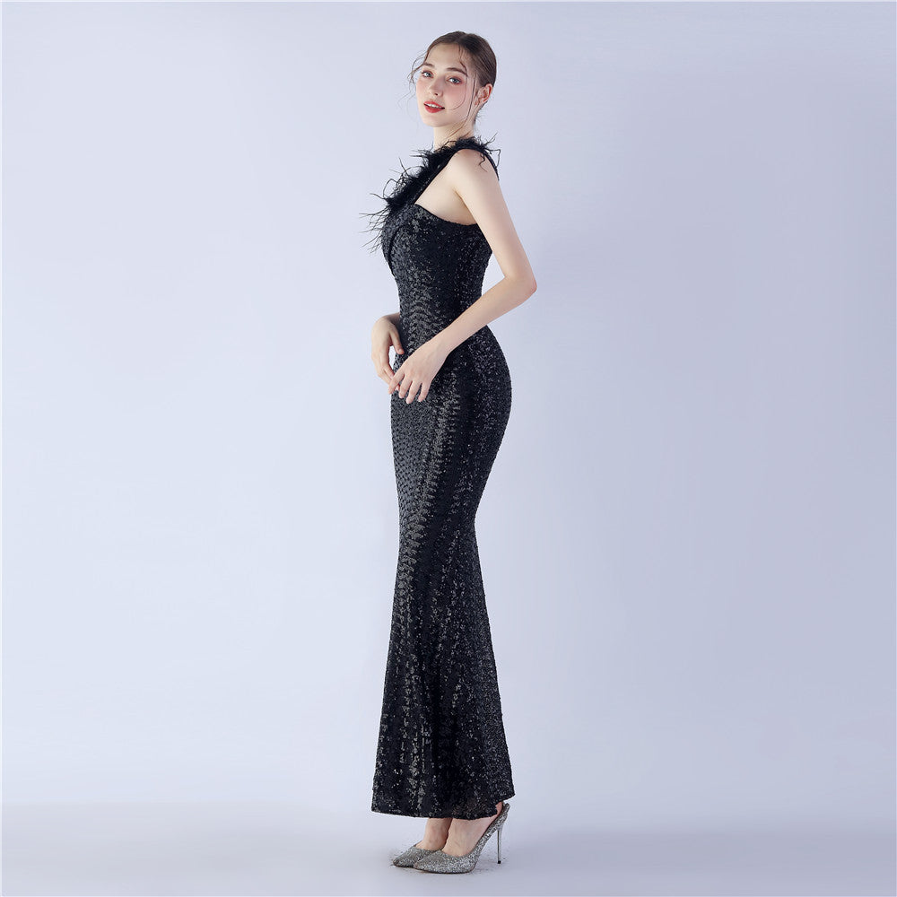 Asymmetric One-Shoulder Sequined Maxi Dress