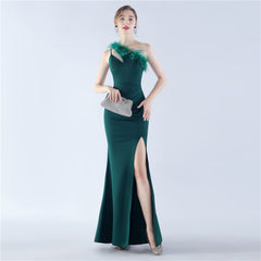 One-Shoulder Ostrich Feather Maxi Dress